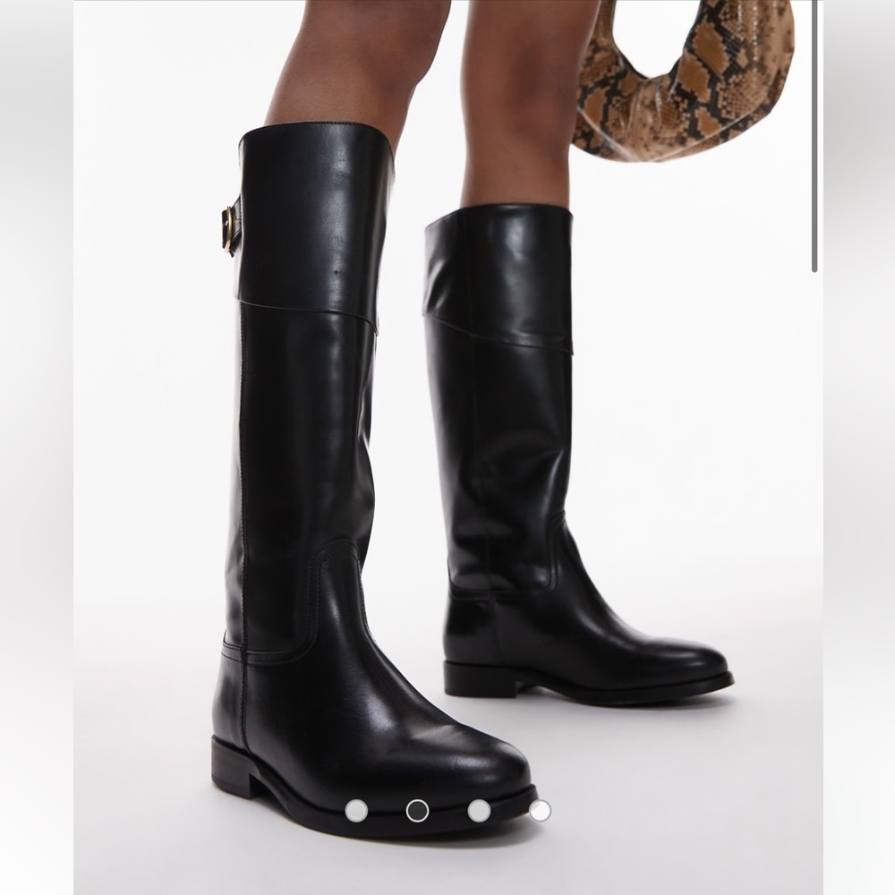 Mango Black Leather Tall Riding Boots with Buckle, new with tags